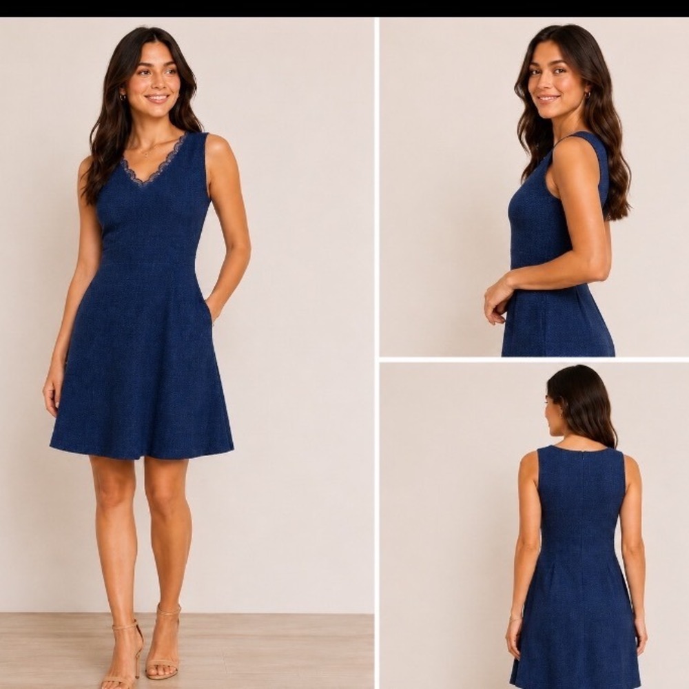 Nicole MillerNavy Blue Textured Sleeveless Sheath Dress with Lace Trim V-Neck